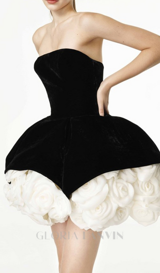 flower-embellished-hem black strapless mini dress