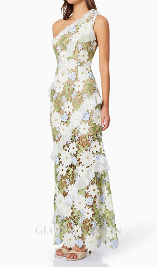 Floral One Shoulder Lace Maxi Dress in Green