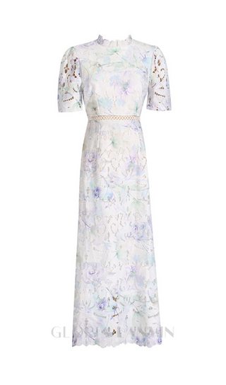 LACE PUFF SLEEVE STAND COLLAR MIDI DRESS IN WHITE