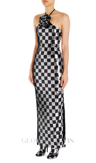 checkerboard sequin halter gown with flower