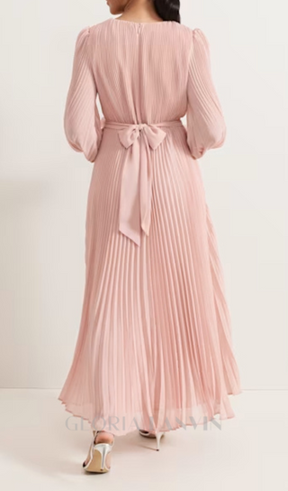 lantern sleeve pleated maxi dress in pale pink