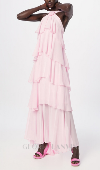 layer-embellished Neckholder maxi dress in pink