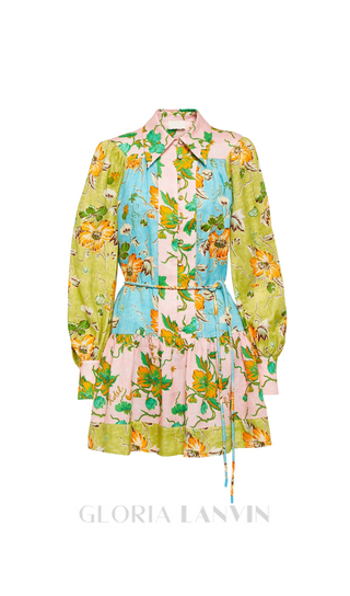 DONNA PRINTED COLORBLOCKED LINEN SHIRT DRESS