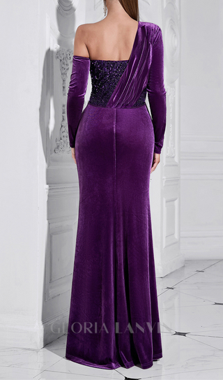 one shoulder sequin-embellished velvet maxi dress in purple