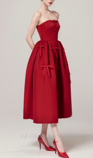 RED STRAPLESS RIBBON FRONT PLAIN A-LINE MIDI DRESS