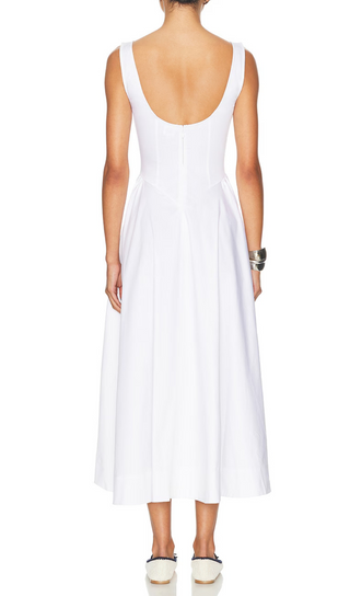 Stretch Cotton Sateen Midi Dress in white