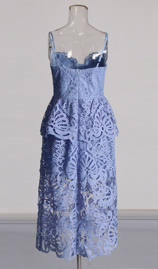 EVELYN CUT OUT LACE LAYERING MIDI DRESS IN BLUE