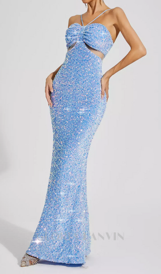 MARIAN BLUE CUTOUT SEQUINS HALTER MAXI DRESS