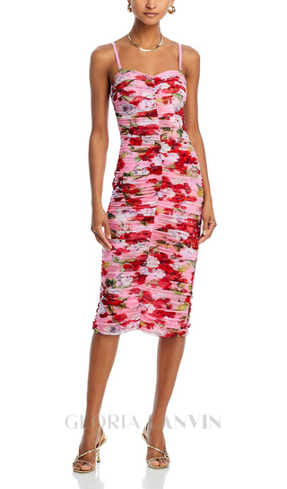 CAPRICE MULTICOLOR FLORAL MESH MIDI DRESS