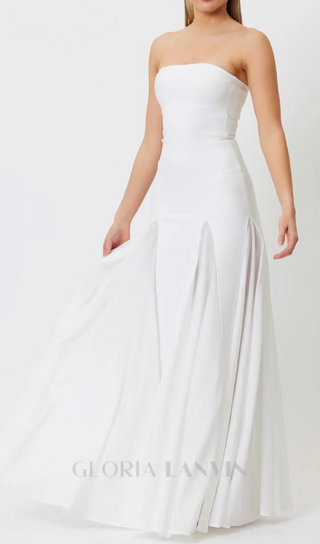 pleated trim strapless maxi dress in white