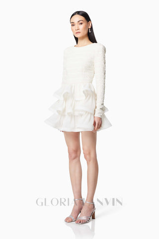 Ruffle trim Long Sleeved Mini Dress in white