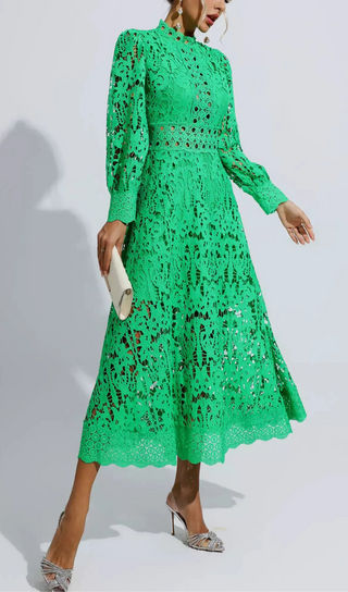 ROBE MIDI DÉCOUPÉE EN DENTELLE CREUSE VERTE KENZIE