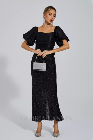 MARIA BLACK BOW SEQUINS EMBELLISHED MAXI DRESS