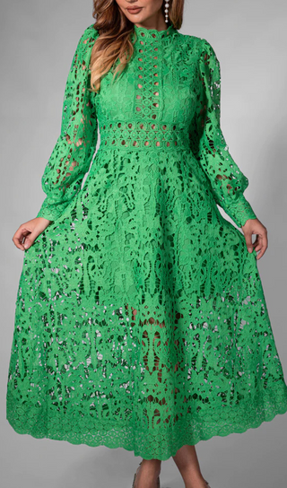 ROBE MIDI DÉCOUPÉE EN DENTELLE CREUSE VERTE KENZIE