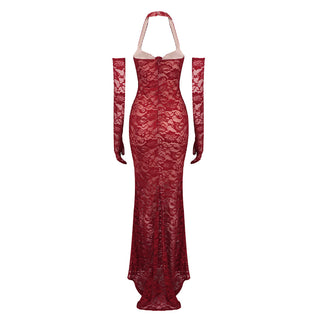 EARTHA HALTER FLORAL LACE MAXI DRESS IN BURGUNDY