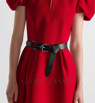 puff sleeve pleated mini dress in red (without black belt)