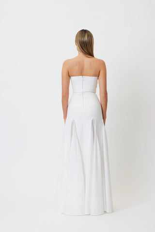 pleated trim strapless maxi dress in white