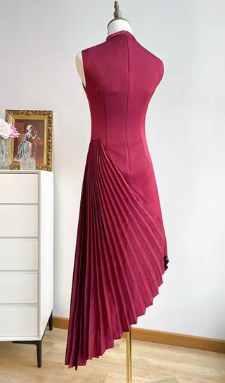 RED DIAGONAL PLEATED MIDI DRESS