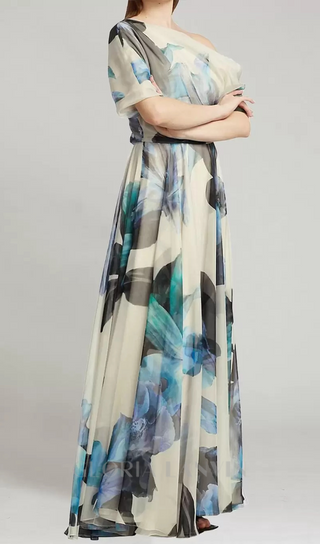 SANDRA MULTICOLOR ONE SHOULDER IRREGULAR CHIFFON MAXI DRESS