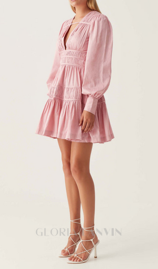 VALERIE FALLINGWATER RUCHED MINI DRESS IN PINK