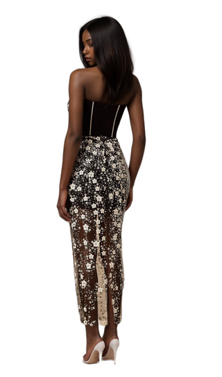 Ophélie black sequined flower corset midi dress