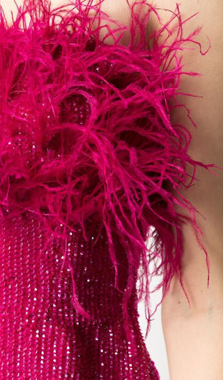 SEQUIN FEATHER STRAPLESS MINI DRESS IN PINK