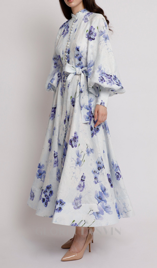 lantern sleeve floral print maxi dress in blue