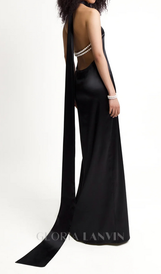 MIGNON SATIN BELT BACKLESS PEARL EMBELLISHED MAXI DRESS IN BLACK