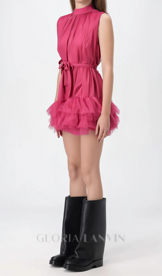 half-high-neckline tulle mini dress in pink