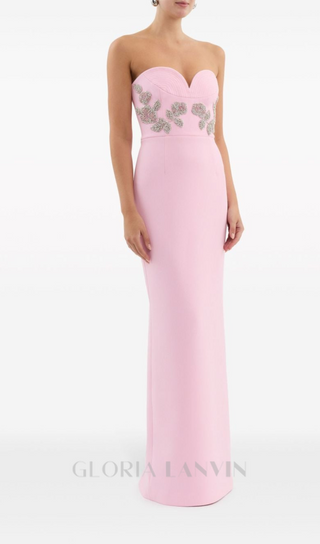 MEROY FLORAL EMBROIDERY STRAPLESS MAXI DRESS IN PINK