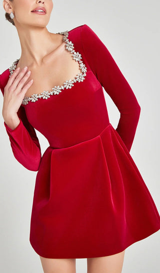 JEWEL-EMBELLISHED TRIM MINI DRESS IN RED