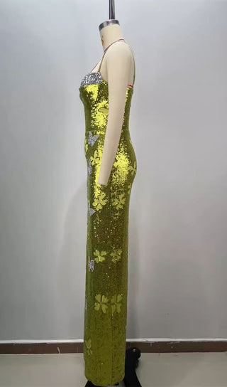 Sequined Low-Cut Strap Maxi Dress Fluorescent Green