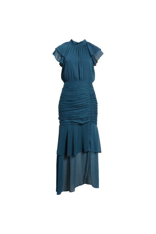 Ruched Ruffle Chiffon Maxi Dress In Teal