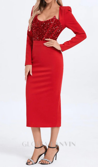 MELISSA LONG SLEEVE PATCHWORK SEQUIN MIDI DRESS IN RED