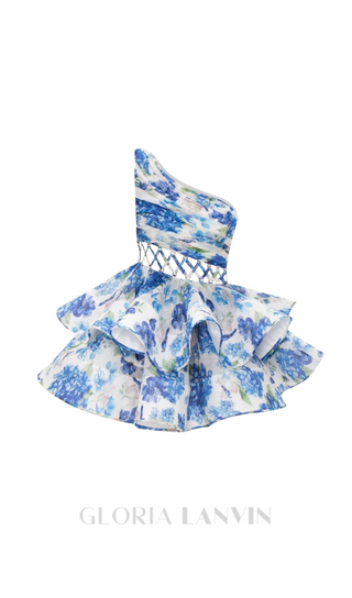 GAIL BLUE FLORAL PRINTED ONE-SHOULDER MINI CHIFFON DRESS