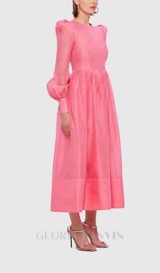 DELIA PINK LANTERN SLEEVE ROUND NECK MIDI DRESS