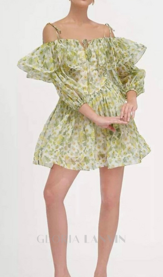 ANNA PRINTED RUFFLE TRIM MINI DRESS IN Green