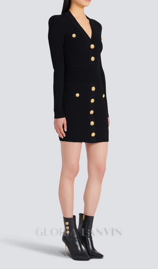 TARA BLACK SHORT KNITTED MINI DRESS WITH GOLD BUTTONS