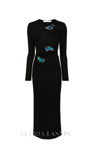 SALLY BLACK LONG SLEEVE CUT-OUT RIBBED MAXI DRESS