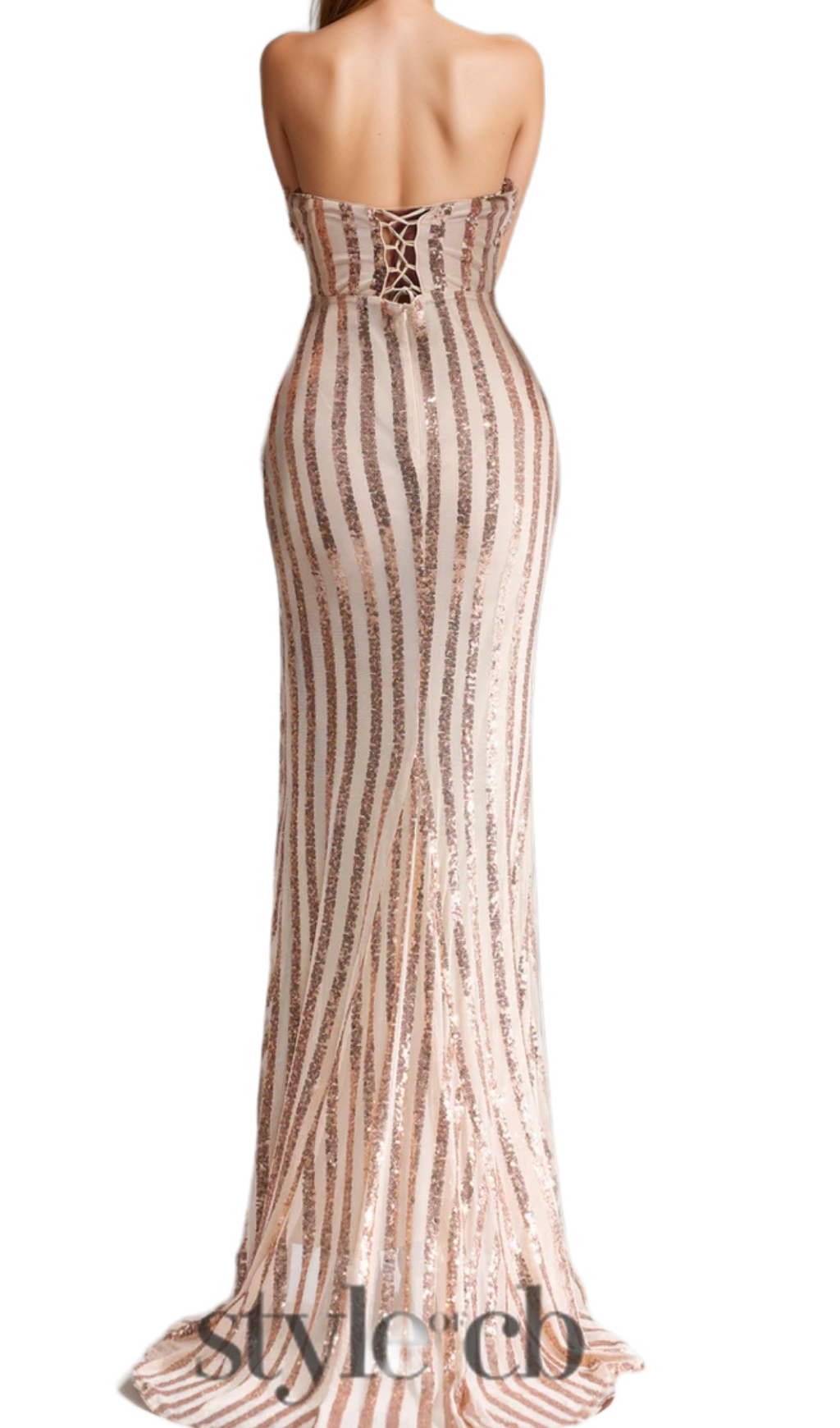 Robe longue sirène abricot sans bretelles à sequins fendue