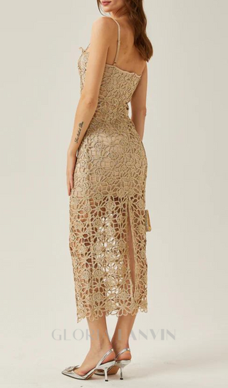 AGNES GOLD LACE CROCHET CUTOUT MIDI DRESS