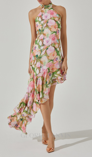 SABINA PINK GREEN ASYMMETRIC FLORAL HALTER MIDI DRESS