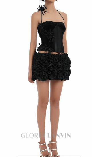 velvet corset floral mini skirt suit in black