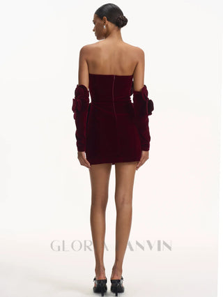 Flower-embellished Velvet Mini Dress in burgundy