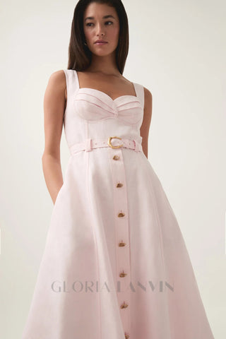 sweetheart neckline belted midi dress in pink