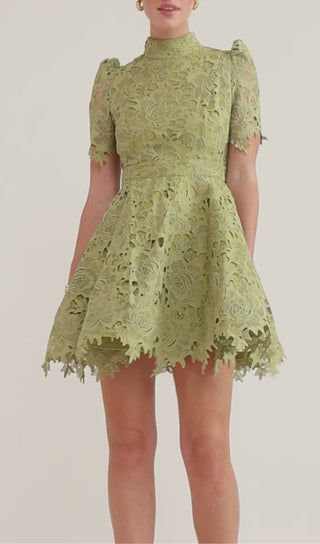 LACE SHORT SLEEVE MINI DRESS IN OLIVE