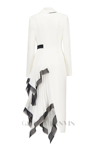 Asymmetric pleated ruffle trim blazer dress in white