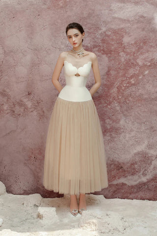 two-tone Hollow tube top tulle midi dress