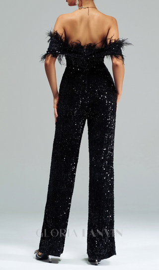 off-shoulder sequin jumpsuit in black