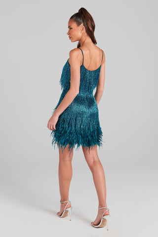 EMERALD TASSEL FEATHER MINI DRESS